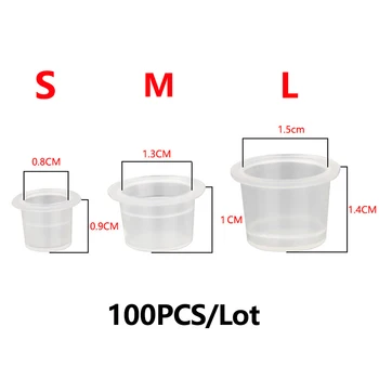 100ШТ. чашка для чернил для татуировки, размеры S, M, L, одноразовая, для микроблейдинга, устойчивая пластиковая, белая, пигмент для перманентного макияжа, прозрачный держатель, крышка контейнера