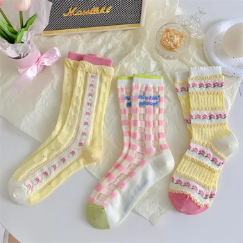 2023 Летние Желтые Чулки в цветочек, Тонкие Дышащие Модные Женские Носки Для Дам и девочек, Корейские Кальцетины