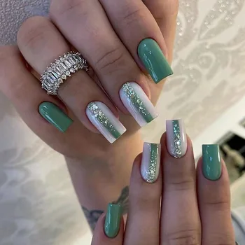 24шт зеленых наклеек на ногти с бриллиантами, полное покрытие, накладные ногти средней длины, квадратные акриловые накладные ногти для женщин