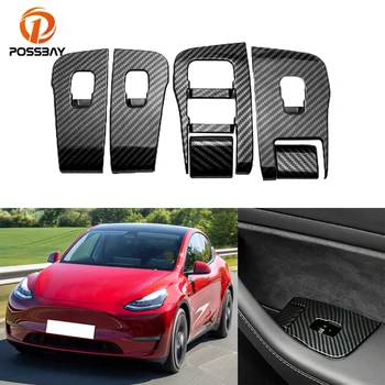 6ШТ Автомобильный карбоновый вид Дверной переключатель окна Кнопка подъема Рамки Отделка крышки для Tesla Model Y 2020 2021 Автоаксессуары