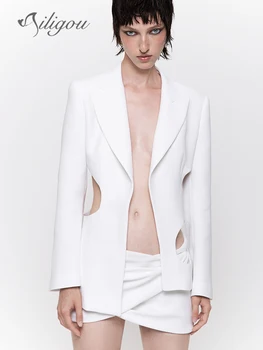 Ailigou 2023 Новый летний белый женский облегающий мини-костюм с разрезом из двух частей с длинными рукавами Модный женский комплект для вечеринки в ночном клубе