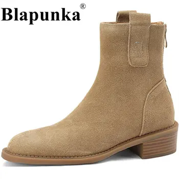 Blapunka/ большие размеры 42, Женские короткие ботинки из коровьей замши, черные ботильоны телесного цвета на молнии и блочном каблуке, женская осенне-зимняя обувь, новинка