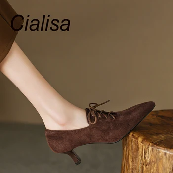 Cialisa/ Винтажные замшевые женские туфли с острым носком, Весна-осень, 2023, коричневые Элегантные туфли-лодочки ручной работы, женская обувь на тонком высоком каблуке