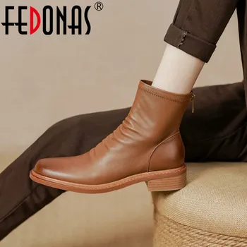 FEDONAS, Женские ботильоны из натуральной кожи в складку в стиле ретро, Толстые каблуки, Круглый носок, Повседневные офисные Короткие ботинки на молнии сзади, Женская обувь