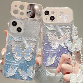 Ins Pearl Butterfly Зеркало Для Макияжа Чехол Для Телефона iPhone 14 13 12 11 Pro MAX Mini + Plus 7 8 X XR XS Защитная Крышка С Ремешком