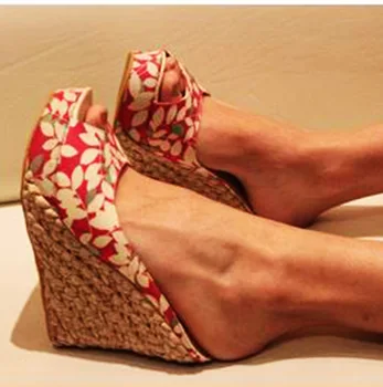 LIHUAMAO/ Летние богемные сандалии на танкетке с цветочным рисунком, женские туфли на высоком каблуке и платформе, парусиновые эспадрильи, сандалии