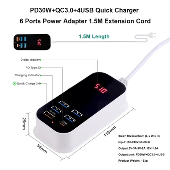USB-зарядное устройство для мобильного телефона, несколько портов PD30W, Быстрая зарядка 3.0, Настенные зарядные устройства, адаптер-удлинитель, Штекер EU UK US, Быстрая зарядка