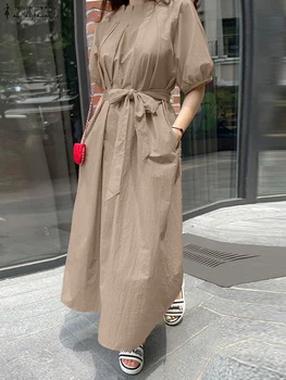 ZANZEA/ Летние повседневные праздничные платья, женское однотонное платье с коротким рукавом, Женское платье с поясом, плиссированный сарафан в Корейском стиле