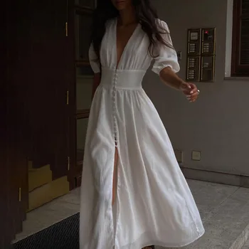 Белое сексуальное однобортное женское платье 2023, Элегантные вечерние платья с коротким рукавом и V-образным вырезом, женское повседневное облегающее платье миди