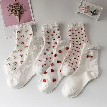 Белые кружевные носки с рисунком клубники, Модные хлопковые носки с милыми героями мультфильмов, женские носки Harajuku Kawaii, Носки для женщин