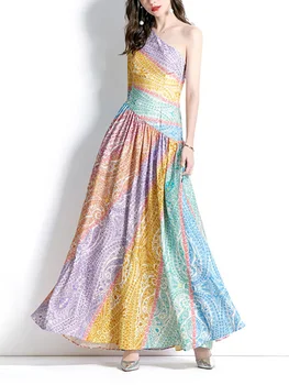 Весенне-осенний женский длинный повседневный стиль из полиэстера, новинка 2023 года, модное платье с цветным принтом на одно плечо