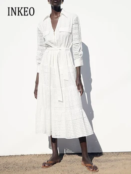 Винтажное женское кружевное платье-рубашка с вышивкой, Белое высококачественное Ажурное Длинное платье с поясом, женская одежда на лето-осень INKEO 3D044