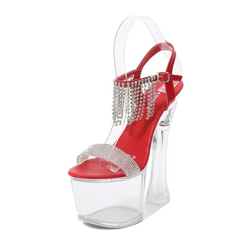 Женская обувь, босоножки на толстом каблуке со стразами, летние пикантные универсальные туфли со стразами и кисточками серии 10367, каблук 18 см, платформа 8 см, LFD