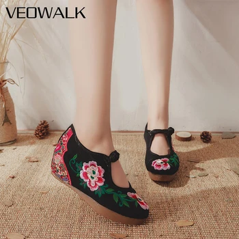 Женская парусиновая обувь на скрытых платформах с вышивкой Veowalk Flowers, Винтажная Женская Удобная повседневная обувь из джинсовой хлопчатобумажной ткани