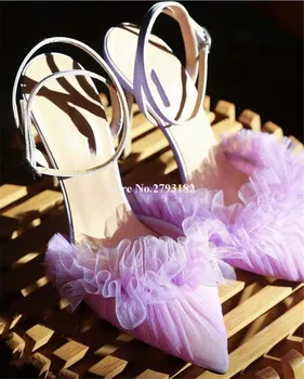 Женские Элегантные сетчатые туфли-лодочки с бахромой на тонком каблуке, с острым носком, фиолетовые, розовые, синие, кружевные модельные туфли на шпильке, свадебные каблуки