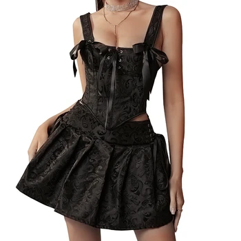 Комплект женского корсетного платья, корсетный топ и мини-юбка из того же материала в стиле стимпанк