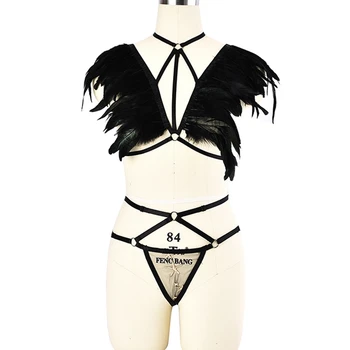 Комплект обвязки для тела, женский черный топ с перьями, бюстгальтер в клетку, стринги-стринги с готической прозрачной сеткой с вышивкой пентаграммой