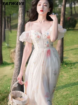 Летнее модное платье Миди-феи с круглым вырезом, женское элегантное дизайнерское платье с пышными рукавами и принтом, пляжные вечерние платья на шнуровке, женские