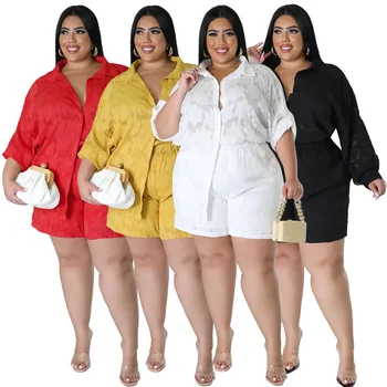 Летняя женская рубашка большого размера, комплект из двух предметов, открытые шорты, Шифоновый Жаккардовый клубный костюм, Одежда с длинными рукавами и отложным воротником