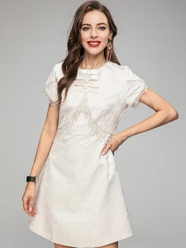 Модное дизайнерское платье MoaaYina, Летнее женское платье, белое Элегантное платье с круглым вырезом и пуговицами, Высокая талия, тонкие жаккардовые платья с бисером и пайетками.