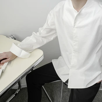 Мужская рубашка с длинными рукавами, весенне-осенняя новинка, простая повседневная свободная рубашка большого размера без воротника для поездок на работу