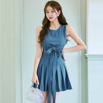 Новое летнее платье в корейском стиле, приталенное на талии, модное плиссированное платье из двух предметов