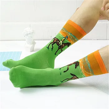 Ретро Мужские хлопчатобумажные носки для рисования маслом на лошади, платье Harajuku зеленого цвета, Забавные дешевые дизайнерские носки в стиле фанк
