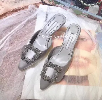 Сексуальные Шелковые Женские тапочки с квадратными кристаллами и пряжкой, закрывающие носок на тонком каблуке, Европейский модный дизайн, Женские тапочки для подиума