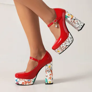 Элегантная обувь Мэри Джейн с цветочным принтом LIHUAMAO, туфли-лодочки на платформе с массивным каблуком, туфли-лодочки с ремешком на щиколотке, туфли-лодочки с круглым носком, вечеринка, свадьба, косплей