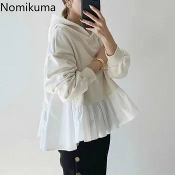Японский пуловер Nomikuma с капюшоном, толстовка в стиле пэчворк с милыми оборками, толстовки 2023, Осенние новые женские джемперы с длинным рукавом 6C459